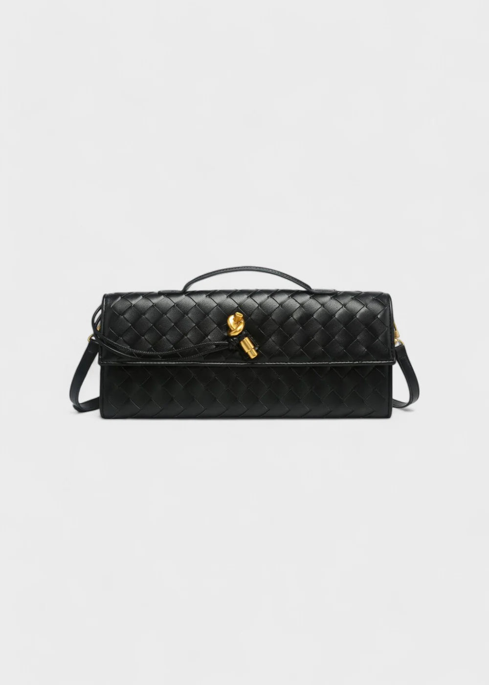 ADELINE petit sac à main en cuir tréssé noir de luxe avec boucle élégante or