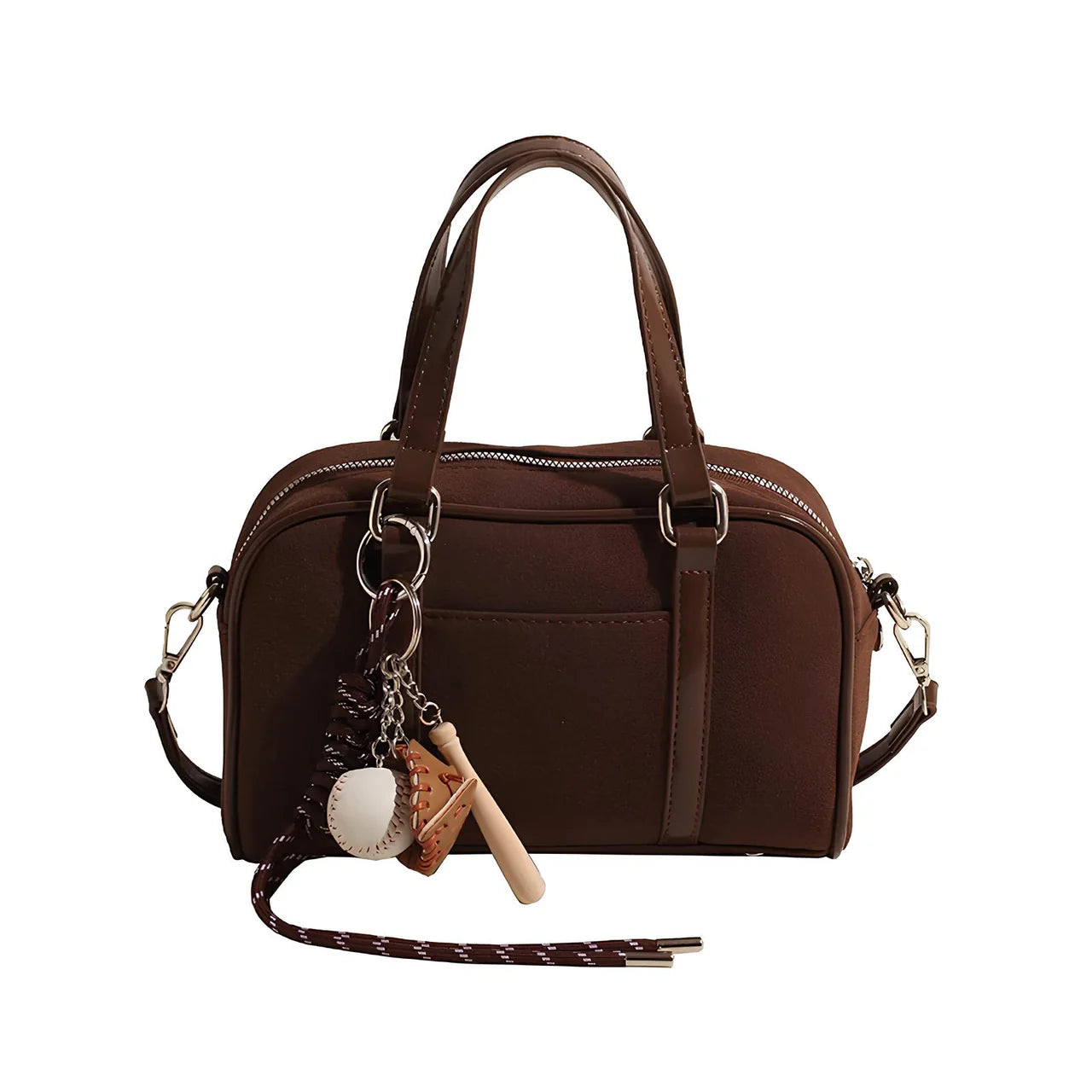 Sac bandoulière Alina en daim vegan marron, chic et pratique, idéal pour transporter vos essentiels avec style.