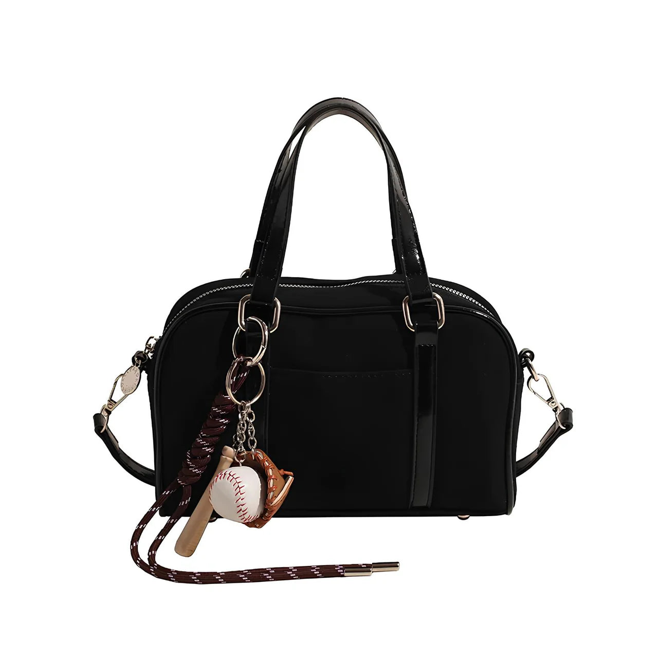 Sac bandoulière Alina en daim vegan noir, chic et pratique, idéal pour transporter vos essentiels avec style.