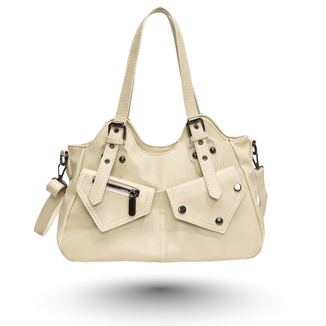 ARIANA – Sac à main en cuir multipoches blanc, élégant et pratique, idéal pour organisation optimale.