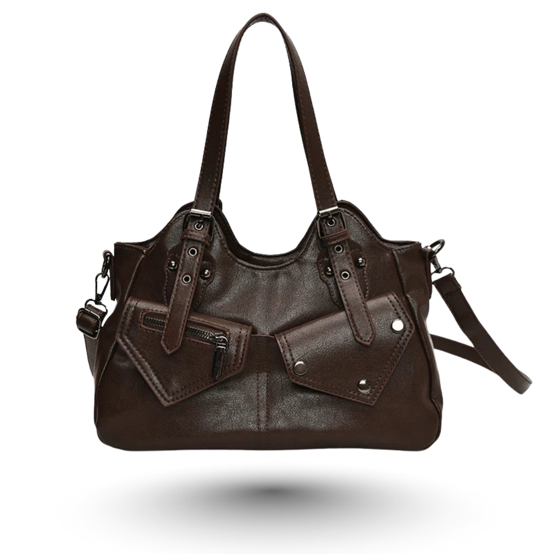 ARIANA – Sac à main en cuir multipoches café, élégant et pratique, idéal pour organisation optimale.