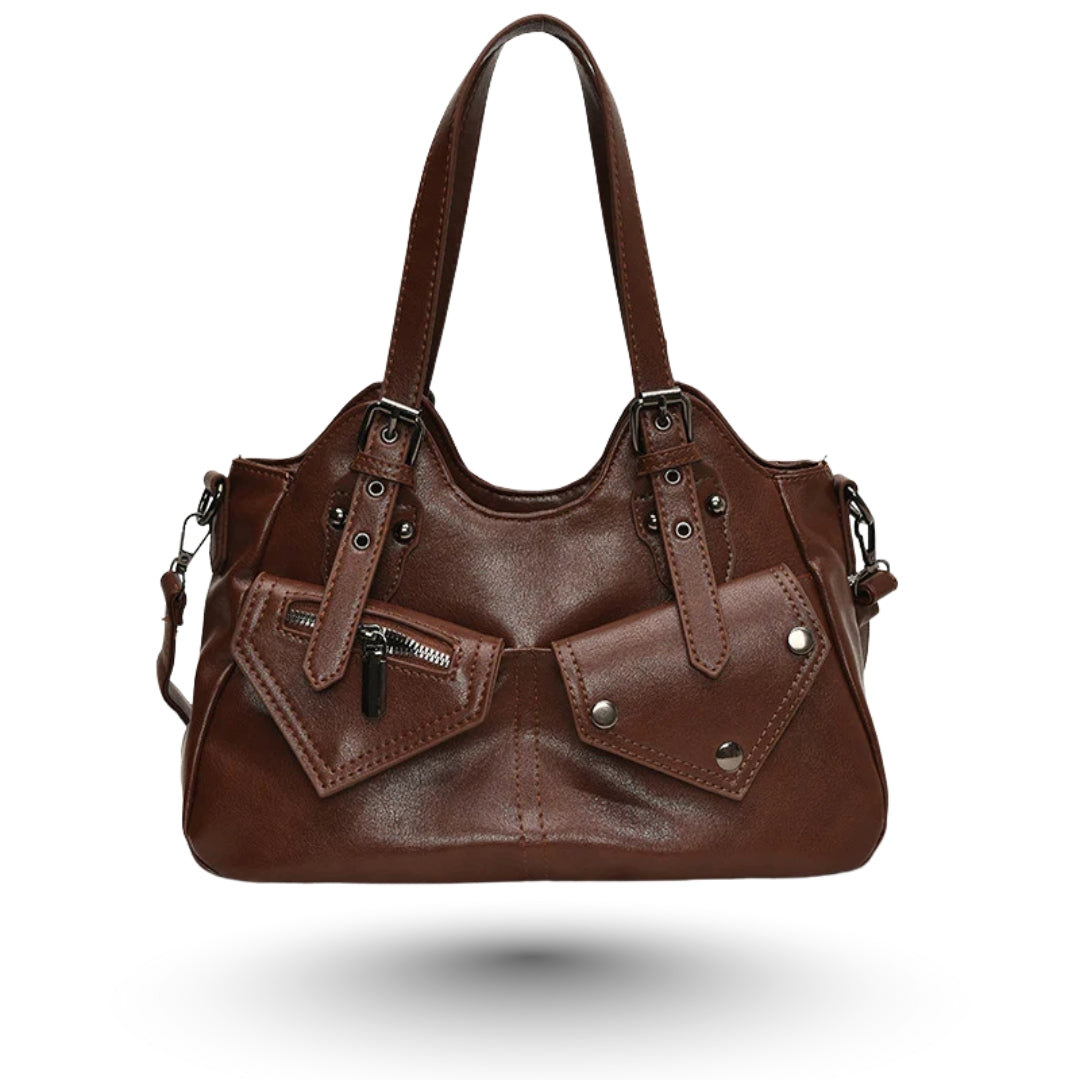 ARIANA – Sac à main en cuir multipoches marron, élégant et pratique, idéal pour organisation optimale.