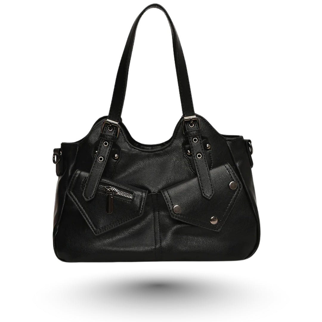 ARIANA – Sac à main en cuir multipoches noir, élégant et pratique, idéal pour organisation optimale.