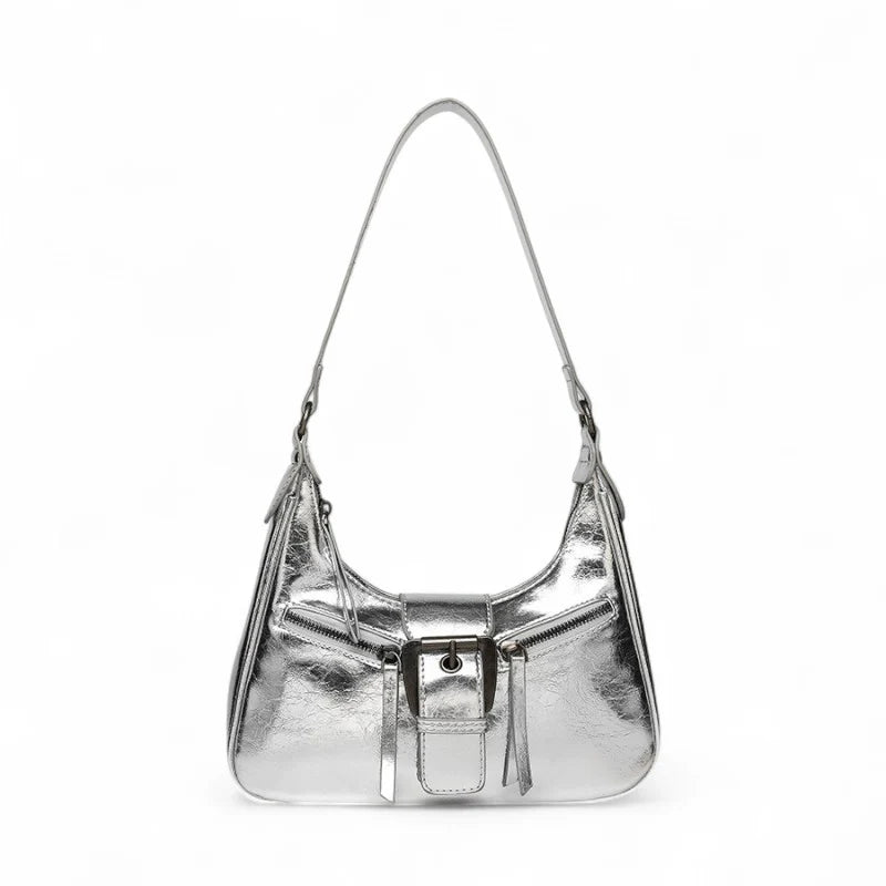 Sac AVELINA - Petit sac à main chic en cuir vintage argenté, style rétro, finition végan, parfait pour transporter vos essentiels avec élégance