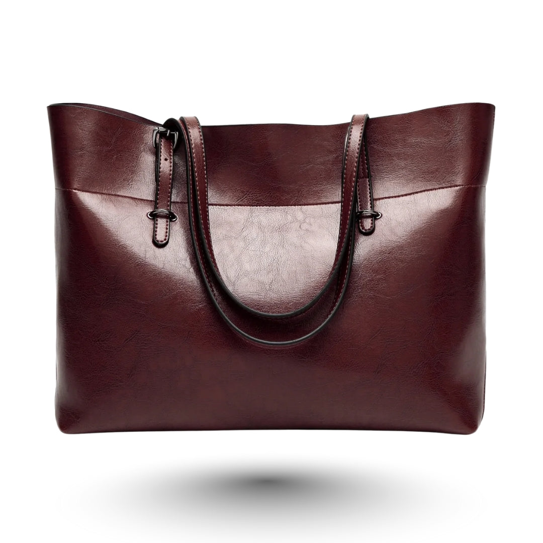 Sac cuir lisse café spacieux et intemporel, idéal pour étudiantes et femmes actives.