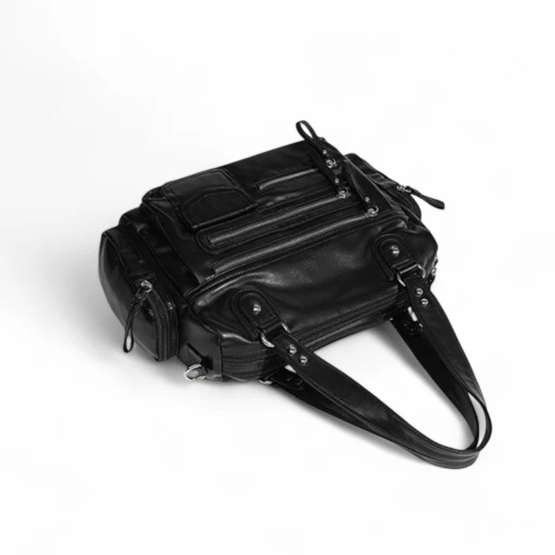 sac à main cuir rétro noir BIANCA avec multiples poches à fermetures éclair, élégant et pratique pour femme active