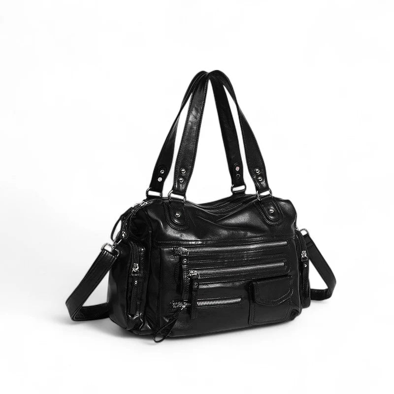 sac à main cuir rétro noir BIANCA avec multiples poches à fermetures éclair, élégant et pratique pour femme active