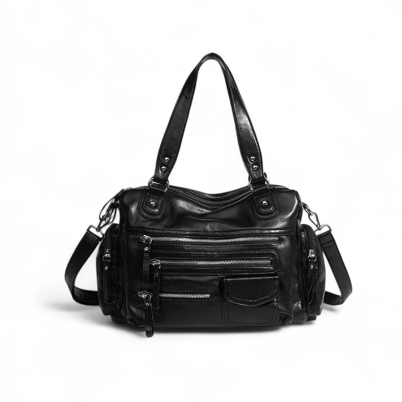 sac à main cuir rétro noir BIANCA avec multiples poches à fermetures éclair, élégant et pratique pour femme active