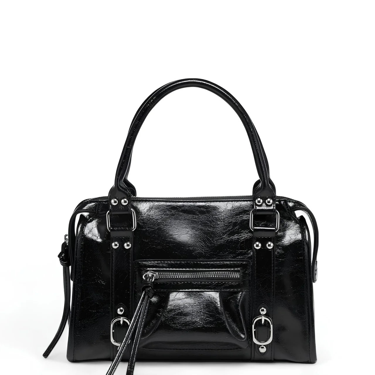 Sac à main CARLA en cuir noir effet brillant, avec détails métalliques, finitions soignées, anses solides, bandoulière réglable et grand compartiment zippé, parfait pour le travail et les sorties.