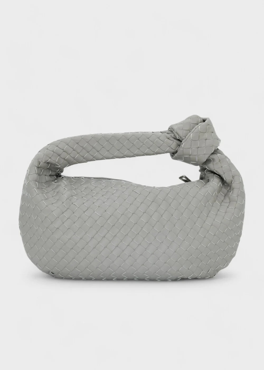 Sac cuir tressé demi lune gris élégant pour femme, design chic et pratique, parfait pour un usage quotidien ou une sortie sophistiquée.