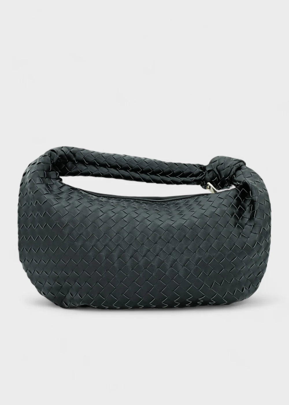 Sac cuir tressé demi lune noir élégant pour femme, design chic et pratique, parfait pour un usage quotidien ou une sortie sophistiquée.