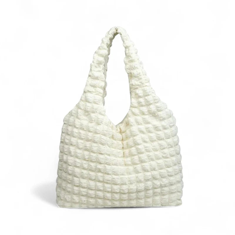 Grand sac à main rembourré blanc Elsa, spacieux et confortable, idéal pour ordinateur, dossiers et effets personnels, style crossbody ou à l’épaule.