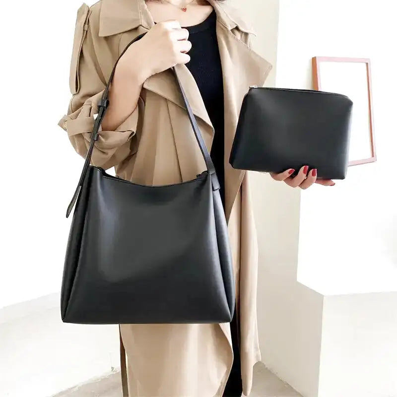 Sac à main FENZA en cuir noir avec grande capacité et pochette, élégant et pratique pour transporter ordinateur, dossiers et essentiels au quotidien