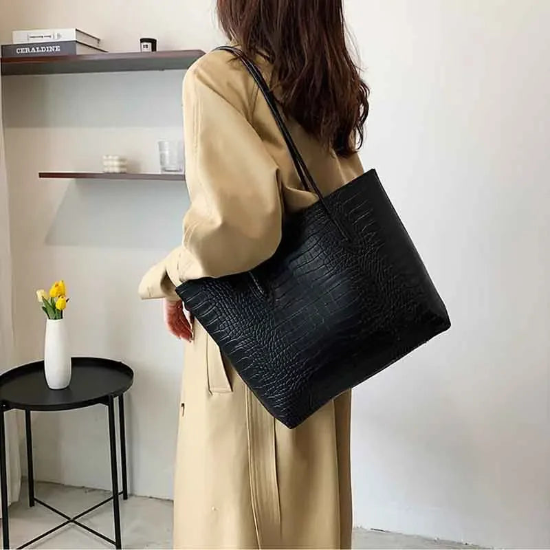 HANNAE – Sac à main de cours en cuir grainé noir, avec sa pochette, élégant et robuste, parfait pour cahiers et ordinateur.