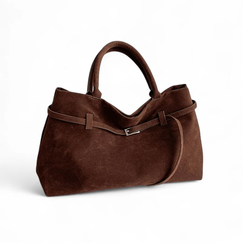 Sac à main KELLY en daim couleur café avec bandoulière, élégant et léger, parfait pour un style féminin et chic au quotidien.