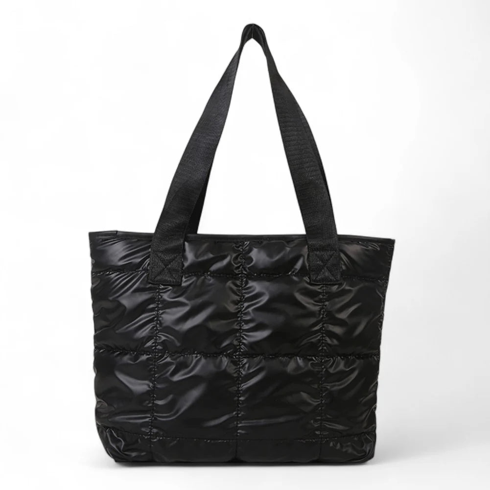 Grand sac à main matelassé noir Leyna, spacieux et chic pour travail, cours et sorties.
