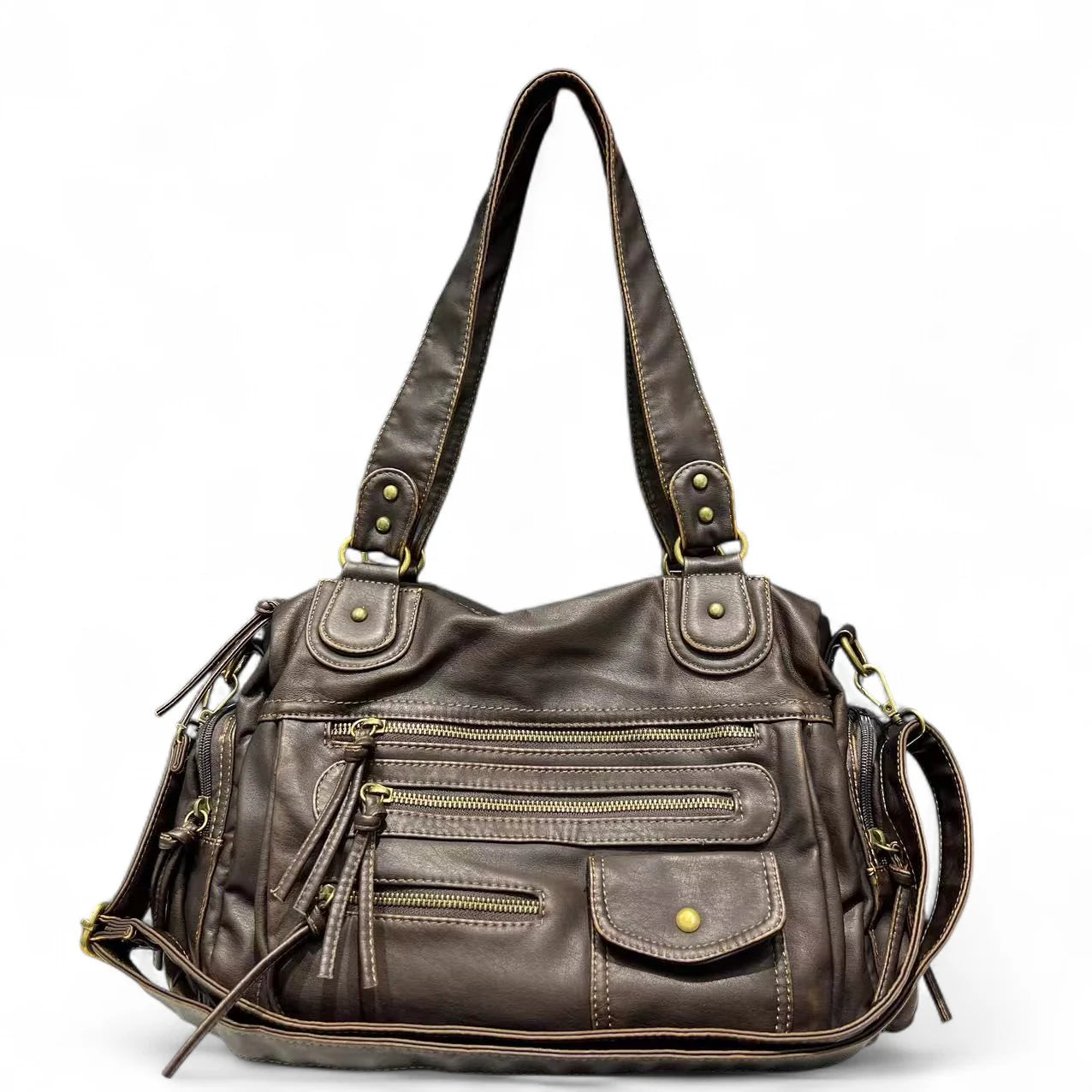 Sac à main MELANIA en cuir vintage marron vegan avec multiples poches élégantes et format spacieux