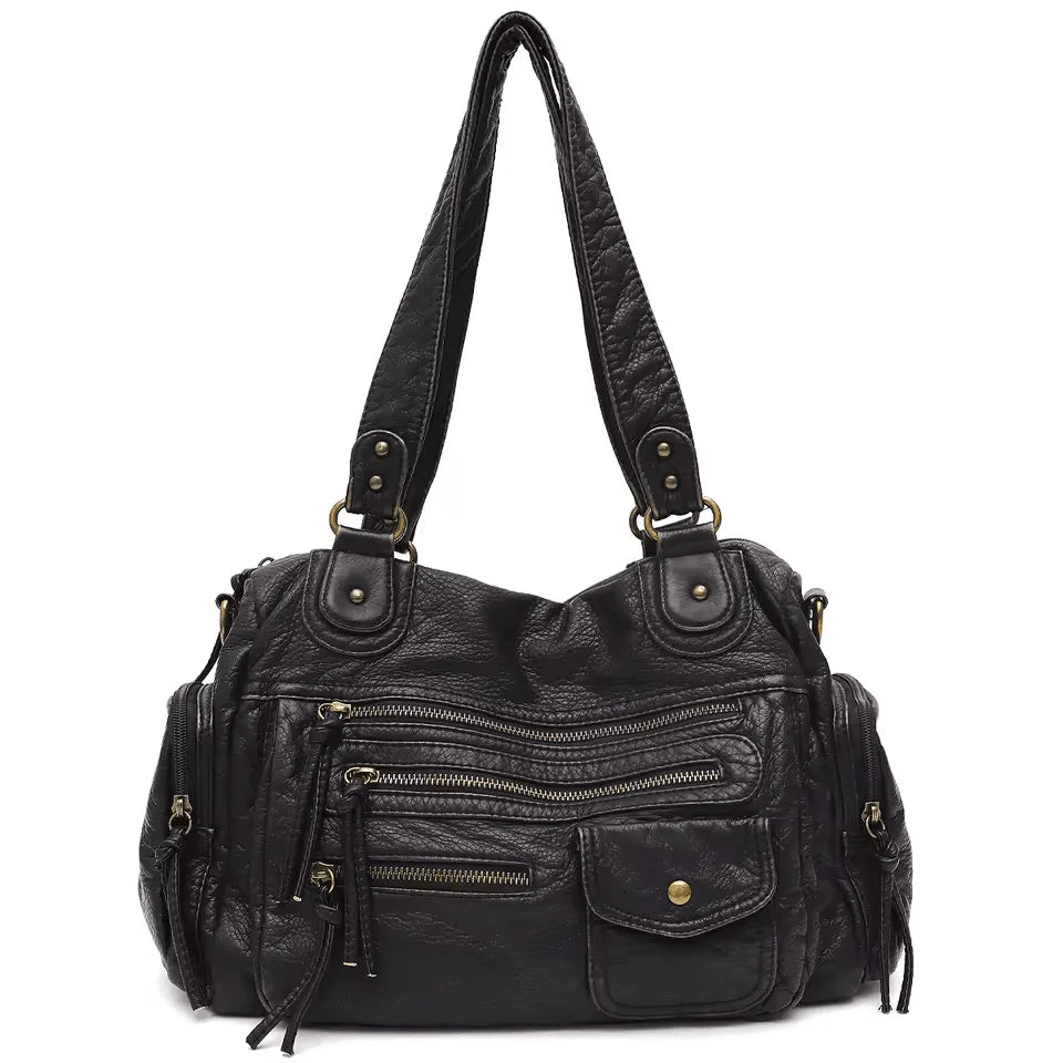 Sac à main MELANIA en cuir vintage noir vegan avec multiples poches élégantes et format spacieux