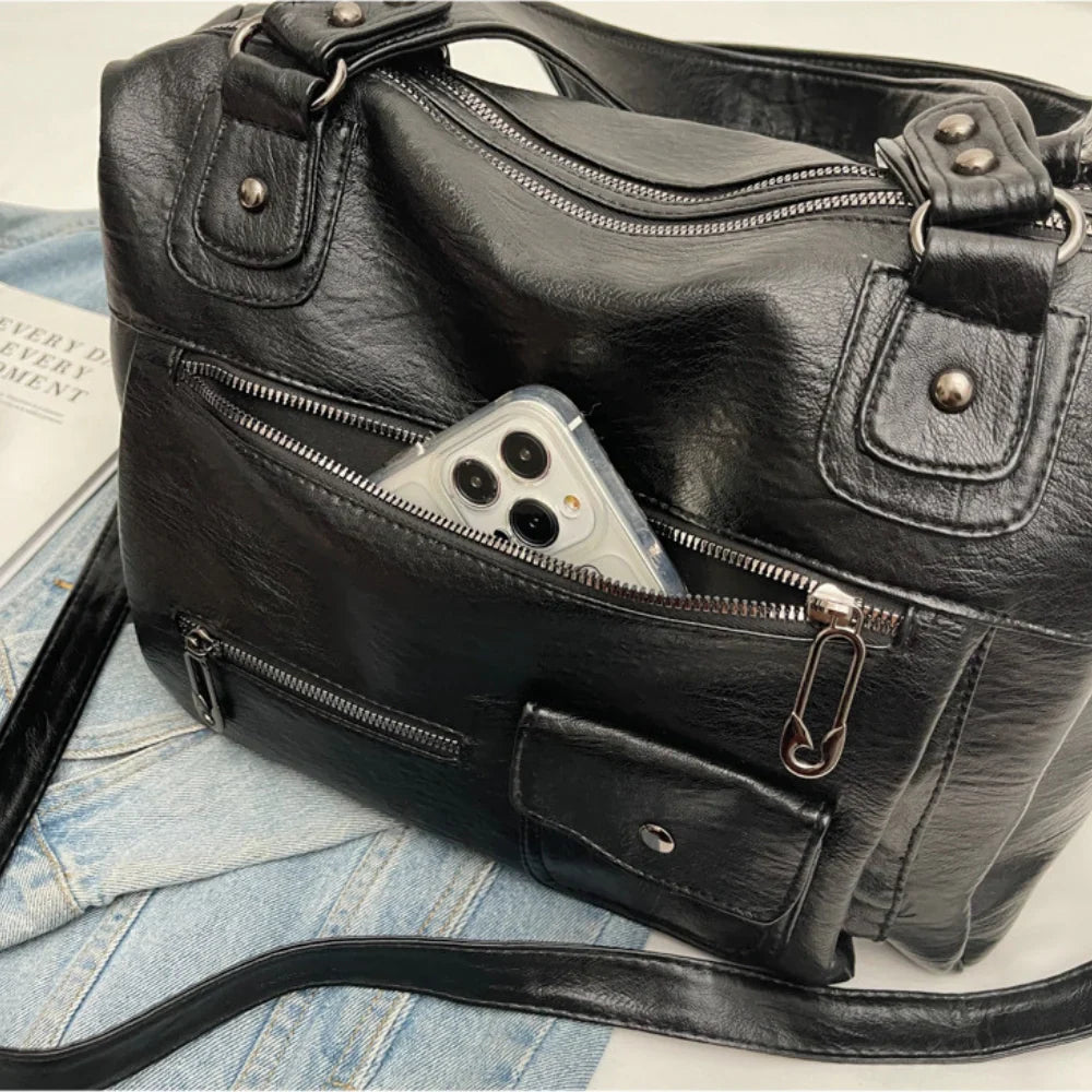 MELINA sac à main bandoulière en cuir grande capacité élégant et pratique noir