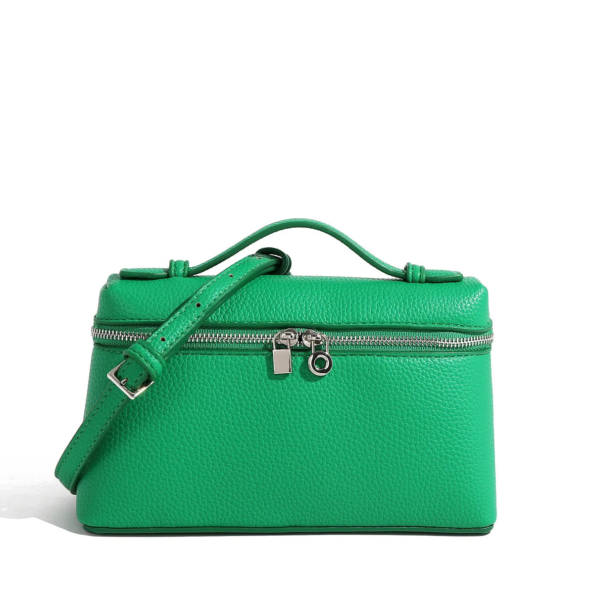 Petit sac à main Mua en cuir grainé vert vegan, compact et élégant, idéal pour téléphone, porte-cartes, clés et accessoires essentiels.