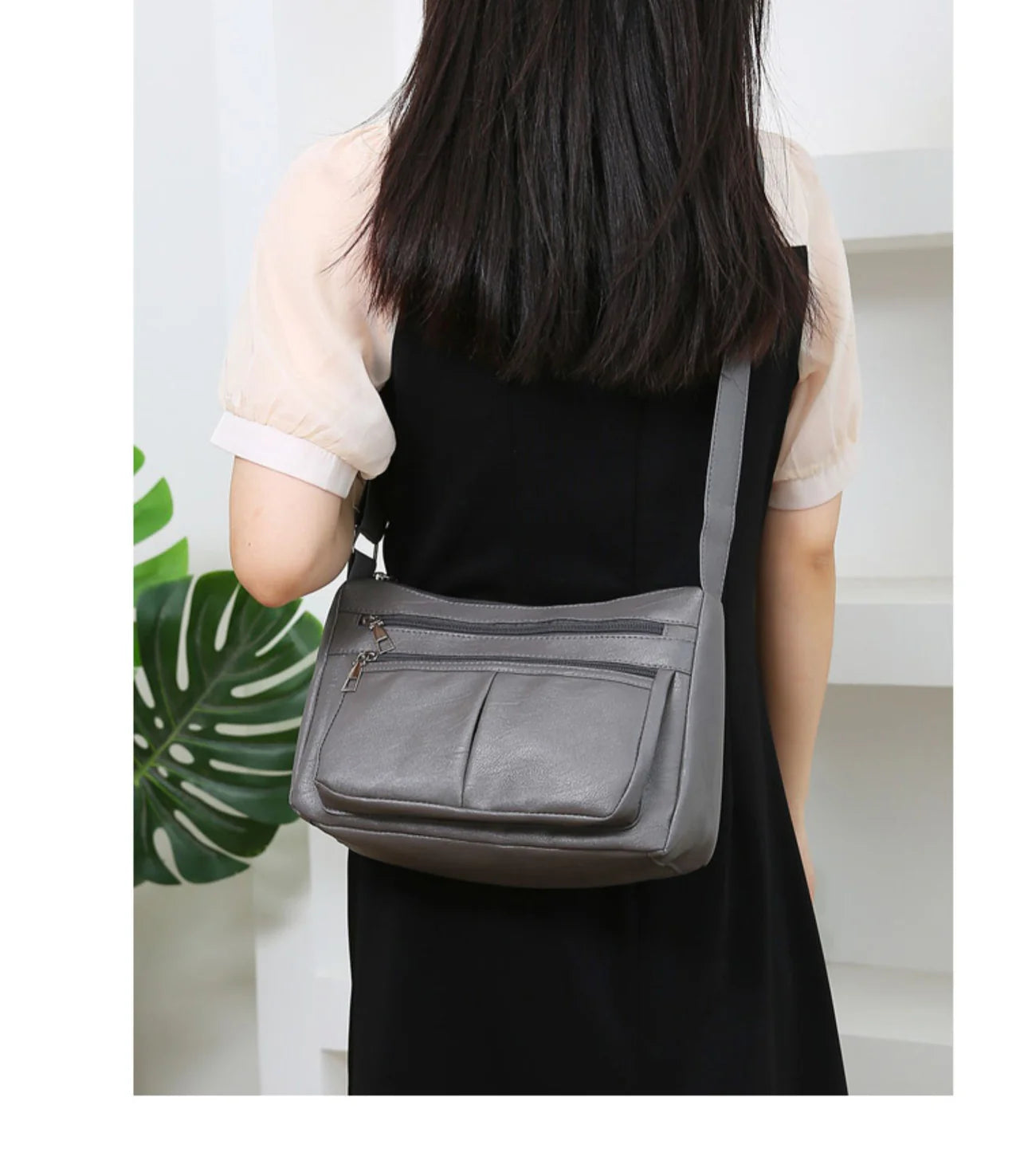 Sac à main Rita en cuir gris multipoches avec bandoulière, spacieux et structuré, parfait pour ordinateur, cahiers et accessoires essentiels du quotidien