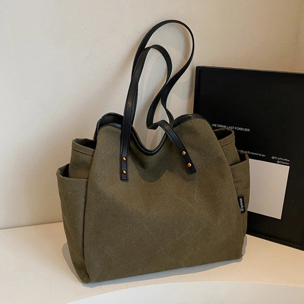 Grand sac cabas en tissu vert Selva, spacieux et pratique pour ordinateur, dossiers et effets personnels au quotidien.