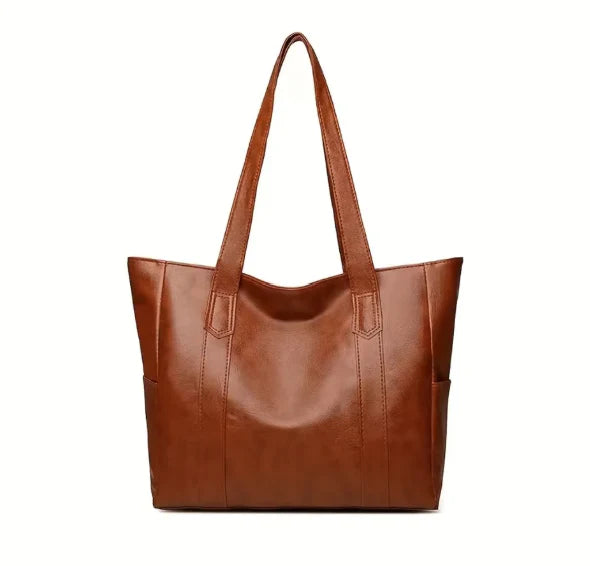 Grand sac à main épaule fourre-tout THEA en cuir vegan marron spacieux et chic, parfait pour transporter tous vos essentiels avec style au quotidien