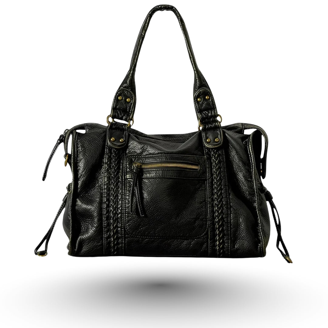 TOKYO – Sac à main de cours bandoulière en cuir rigide noir, moderne et pratique, fermeture éclair en doré brossé