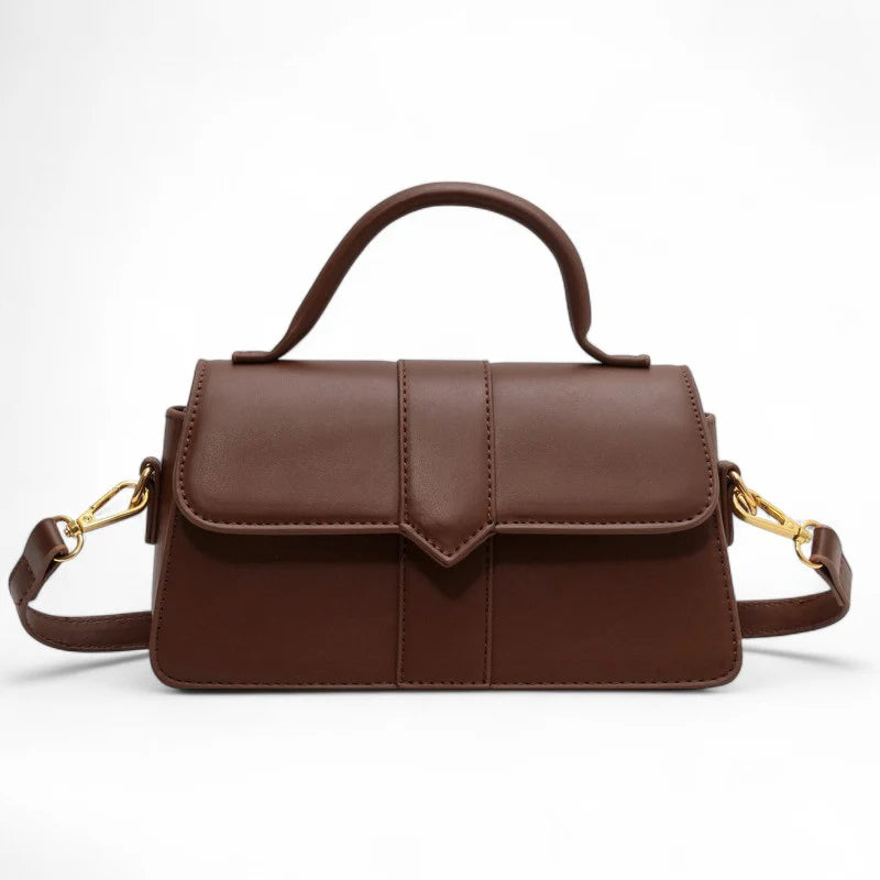 Sac à main VALENTINA petit format en cuir lisse vegan marron, design raffiné et sobre, parfait pour transporter vos essentiels avec style