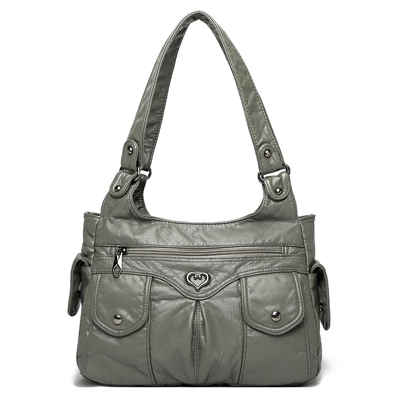 Grand sac à main femme VICTOIRE en cuir  gris vegan élégant et structuré, spacieux et organisé, parfait pour transporter ordinateur, cahiers et essentiels avec style et praticité.