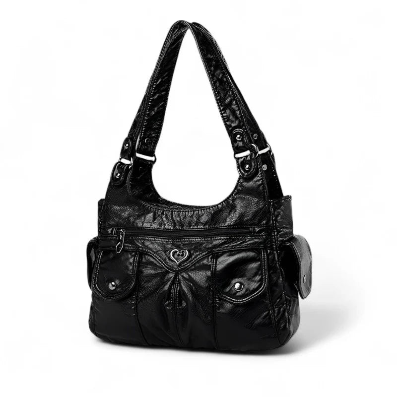 Grand sac à main femme VICTOIRE en cuir  noir vegan élégant et structuré, spacieux et organisé, parfait pour transporter ordinateur, cahiers et essentiels avec style et praticité.