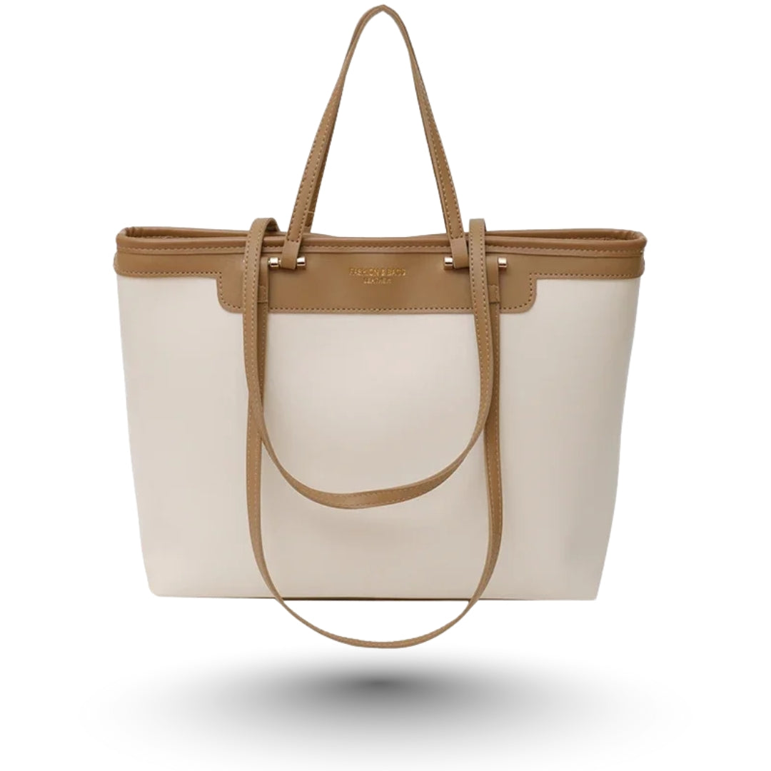 ZOE – Grand sac à main en cuir végan beige, chic et spacieux, idéal pour étudiantes et actives.