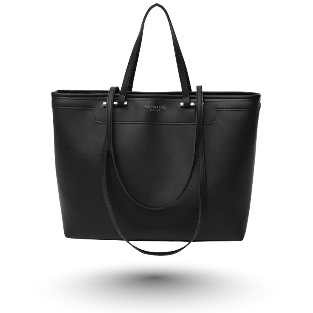 ZOE – Grand sac à main en cuir végan noir, chic et spacieux, idéal pour étudiantes et actives.